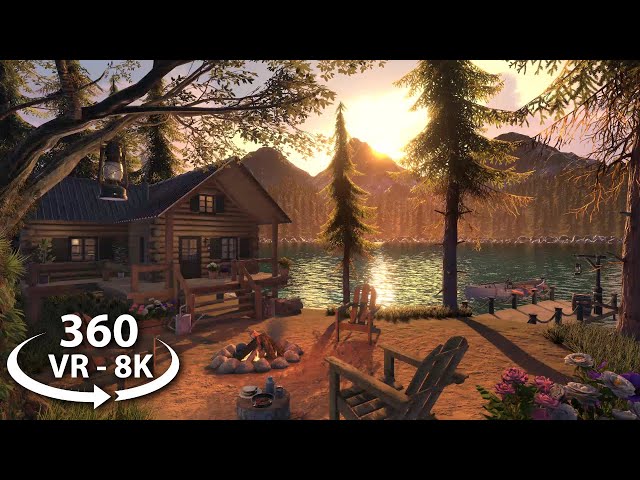 360 VR - Off Grid Cabin | Day & Night Relaxing Ambience Experience | Lakeshore & Nature Sounds 8K