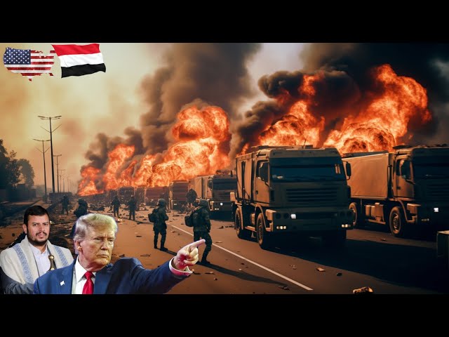 15 Minutes Ago! 200 Trucks And Houthi Infantry Hit By 20 Tons Of US Missiles On The Border