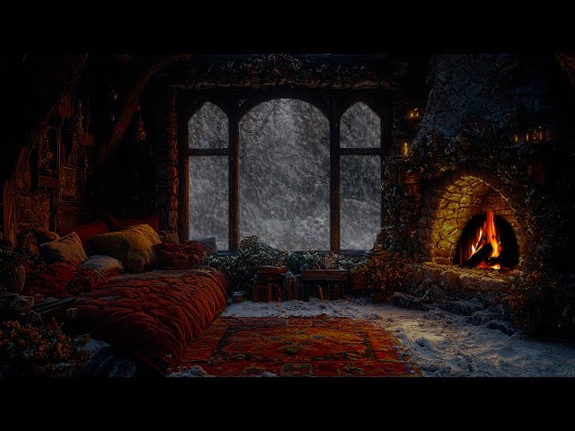 Relax in a Cozy Winter Cave with a Roaring Fire | Winter Atmosphere with Blizzard and Howling Wind