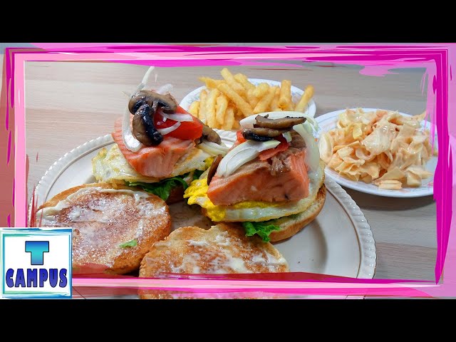 Salmon and Egg Burger with Mushrooms, Tomato, Onion & Potato Fries | How to Make Food Recipe