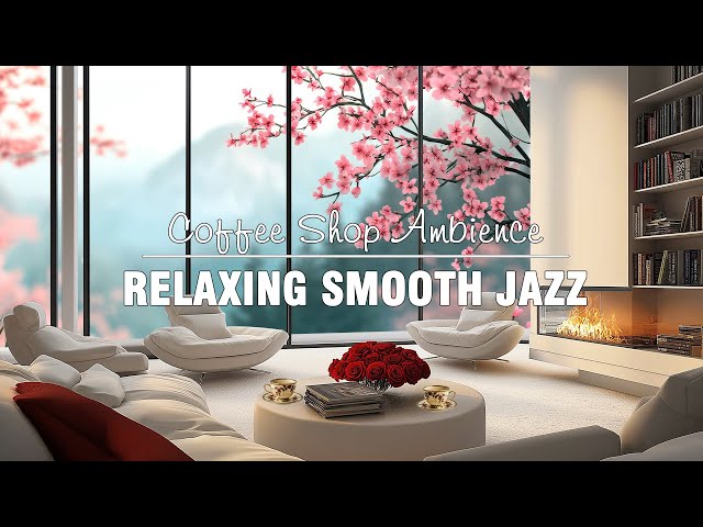 Luxury villa watching falling flowers. Elegant winter jazz with a fireplace for relaxing