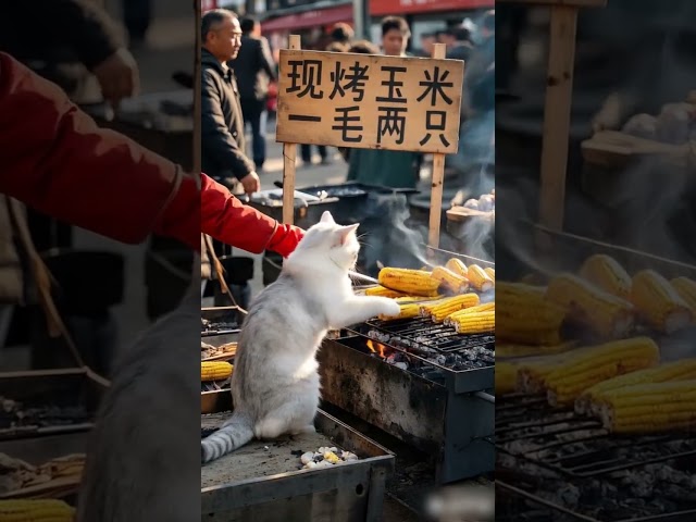 The Cat Harvested A Lot Of Corn And Went To Sell Roasted Corn#cat#catcooking#cutecat#rurallife#ai