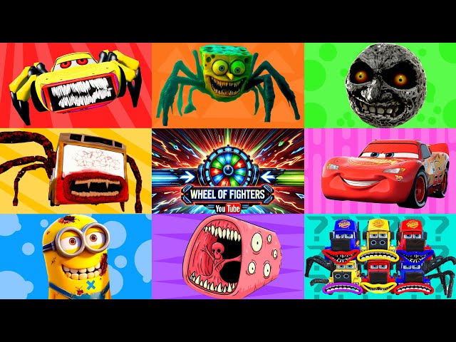 🟡🚗 Wheel of Monster Сolorful 🚗🟡 SpongeBob Spider , Lunar Moon , Minions Scary , Train Eater !!!