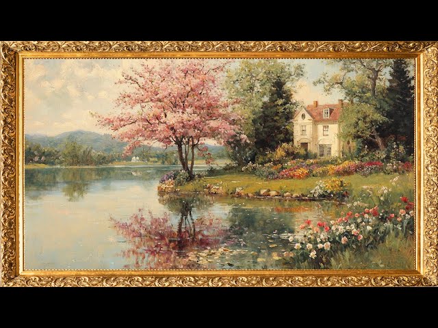 Vintage TV Art: Charming House by the Lake | Gold Framed Oil Painting | 4K TV Art Screensaver