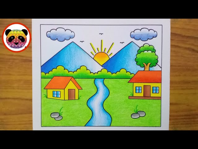 Scenery Drawing / How to Draw Beautiful Landscape Scenery Drawing / Village Scenery Drawing /Chitra