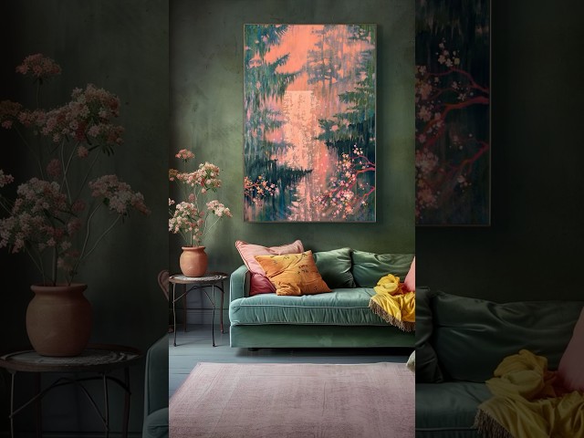 Waterfall among the conifers and sakura #art #painting #aesthetic #interior #waterfall