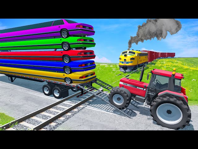 Double Flatbed Trailer Truck vs Speedbumps Train vs Cars Tractor vs Train Beamng.Drive