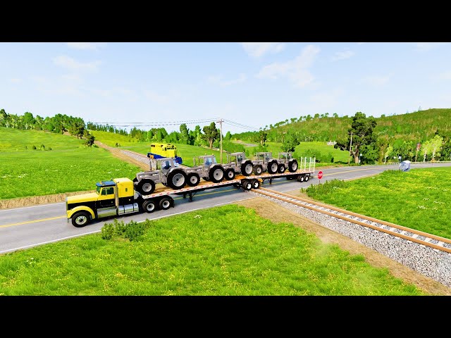 Double Flatbed Trailer Truck vs Speedbumps Train vs Cars | Train Tractor | Beamng.Drive Kon 5