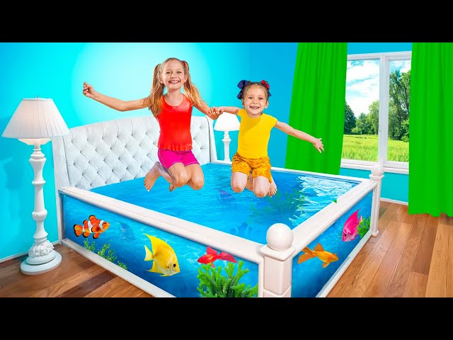 Funny pool story and water slides adventure with Maya and Mary