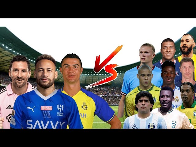 Messi Neymar Ronaldo 🆚 9 Legends (Pele Maradona Ronaldinho Haaland R9 Benzema Vinicius Jr)🔥