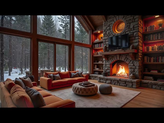 Cozy Living Room Cabin Vibes ❄️ Beautiful Snow Scenery Crackling Fireplace and Relaxing Piano Music