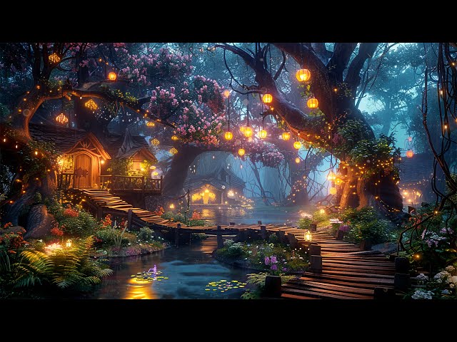 Enchanted Night Fairy Village in Rainforest ✨ Soft Flute Music Ambience & Calm Rain ASMR