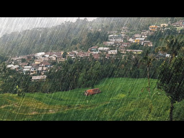 Heavy rain for sleeping, walking during heavy rain and thunder in my village, a hilly village