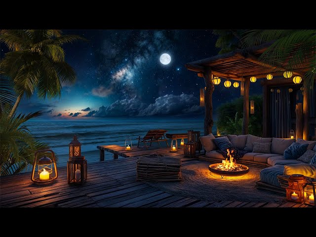 Starry Night by the Beach 🌌🌊 | Ocean Melodies with the Warm Glow of Candlelight & Fireplace