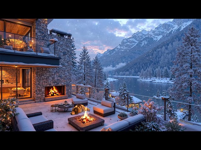 Tranquil Winter Retreat ~ Soothing Jazz, Cozy Terrace & Warm Fireplace Overlook a Snowy Lake Scene ⛄