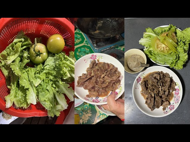 Village cooking: Frying beef eating with vegetable, my mom cook food for dinner, yummy food.