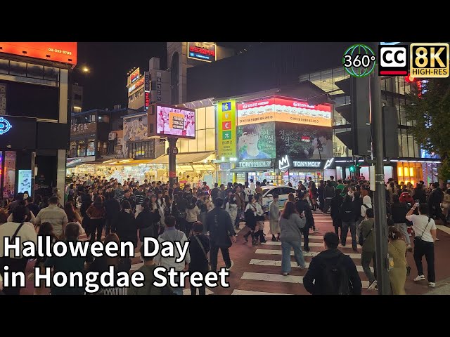 Halloween Day in Hongdae Street, Seoul, 8K 360 Video Subtitles