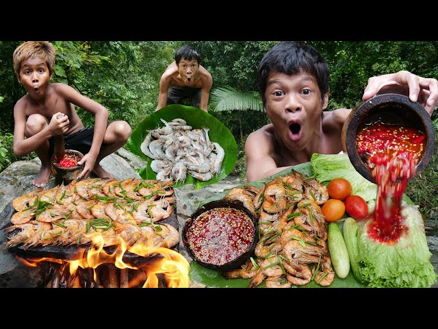 Primitive Technology - Kmeng Prey - Wow Cooking Shrimp - Eating Delicious