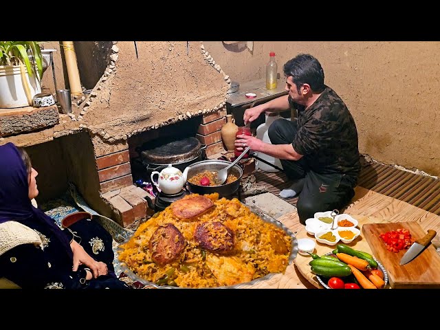 An Iranian rural family prepares pasta in a rustic, traditional home, showcasing simple village life