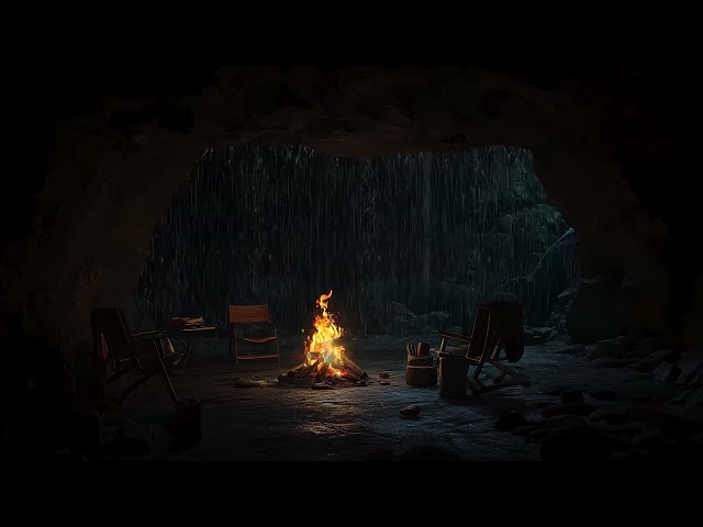 Fireplace & Rain Sounds in a Cozy Cave | Deep Sleep, Stress Relief And Relaxation for Better Sleep