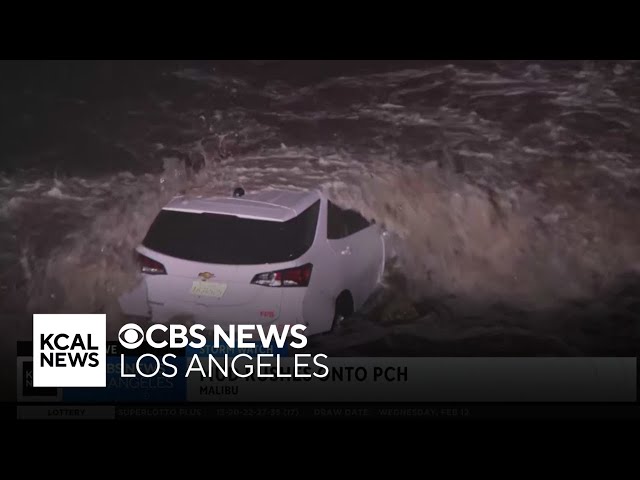 Debris flow pushes LAFD car into Pacific Ocean in Malibu