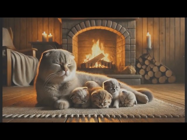 Cozy Whiskers: Mama Cat and  Many Kittens by the Fireplace!