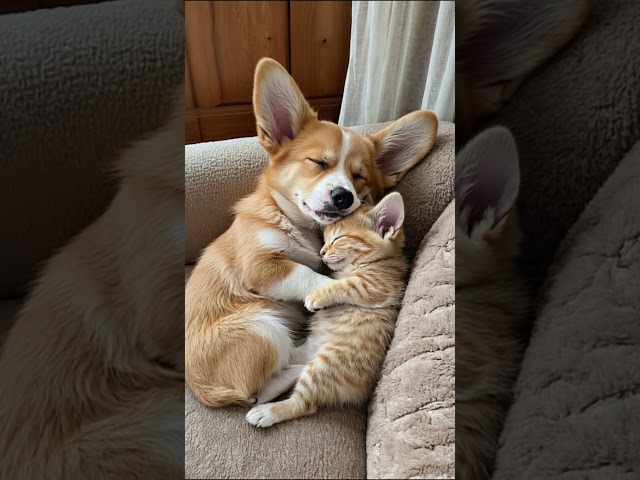 Cute corgi puppy sleeping with kitty #puppy #corgi #cute #puppylife #shortvideo