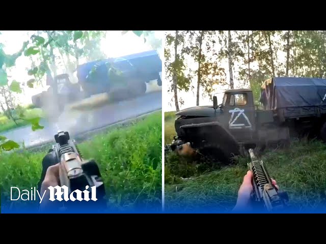 Ukraine Special Forces ambush a Russian truck with heavy gunfire