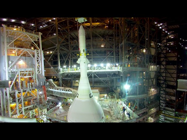 A 360-degree look at the Artemis I Orion Spacecraft lift on to the Space Launch System rocket