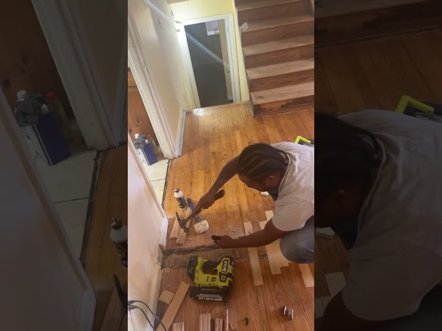 Replacing a couple couple pieces of hardwood floor starting from the metal part three