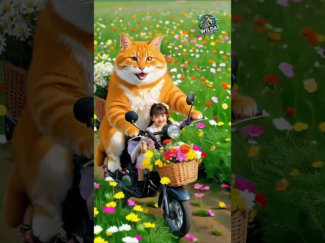 The kitten takes the baby for a walk by bike  #ai  #cat #cats