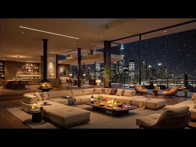 Luxury NYC Apartment Overlooking the Manhattan Bridge 🌃 Relaxing Jazz & Snowfall Ambience for Sleep