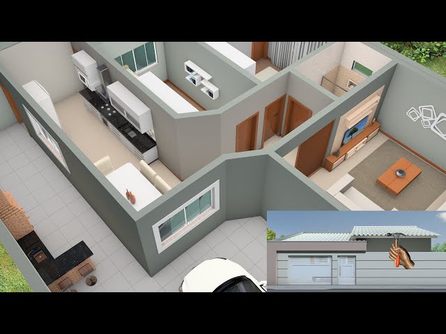 3D House Plan with Two Bedrooms, Kitchen and Gourmet Area