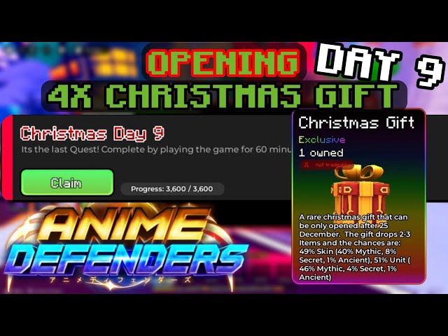 OPENING 4 CHRISTMAS GIFT FROM SANTA'S QUEST!!! (Christmas Day 9 Quest) - Anime Defenders