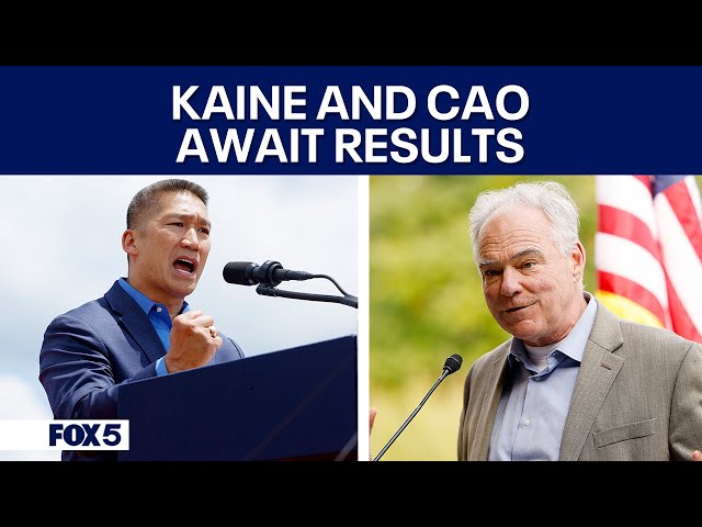 Virginia Senate Candidates Tim Kaine and Hung Cao wait for the results of the 2024 Election