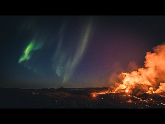 Northern Lights at the Icelandic Volcano - Aurora Borealis at the Eruption in Geldingadalur