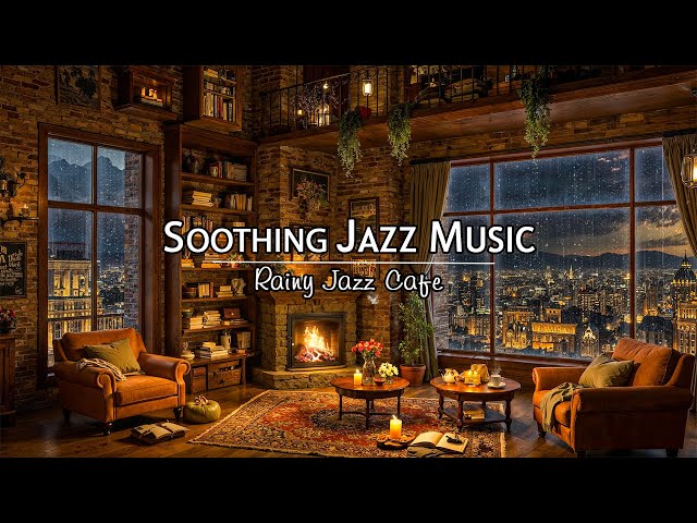 Soothing Jazz Music for Work, Study☕Rainy Jazz Coffee Shop & Cozy Fireplace🌧️Background Rain Sounds