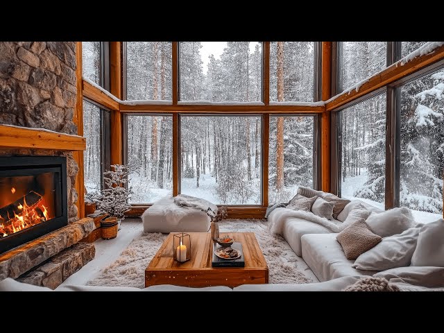 Positive Winter Day in Rustic Cabin | Cozy Fireplace Ambience, Snowfall & Jazz Music for a Good Mood