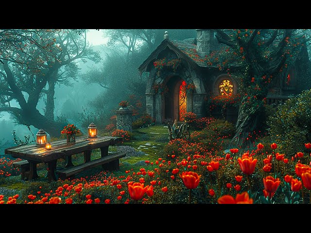 A Mystical Cottage in a Blooming Garden, Illuminated by Warm Lanterns, Nestled Within a Foggy