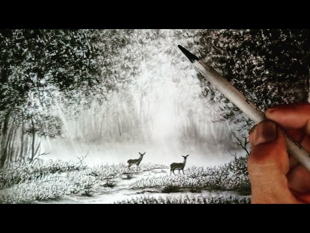 How to draw a forest landscape with two deer for beginners.