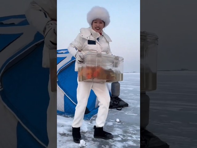 Girl catches many big fish from ice hole🤯#shorts #icefishing