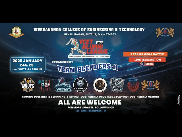 VCET ALUMNI LEAGUE 2025 || PRESENTED BY TEAM BLENDERS-11 || VIVEKANANDA COLLEGE PUTTUR ||DAY-01