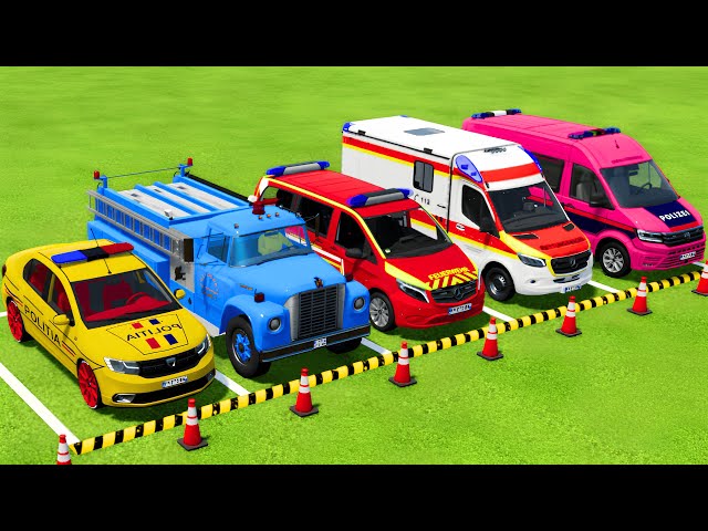 TRANSPORTING POLICE CARS, AMBULANCE, FIRE DEPARTMENT VEHICLES WITH TRUCKS TO THE GARAGE ! FS22