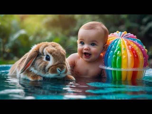 😍Funny Videos and Cutest Babies 🐵Bebé Mono BonBon Eat Rainbow Jelly And swimming With Cute Bunny