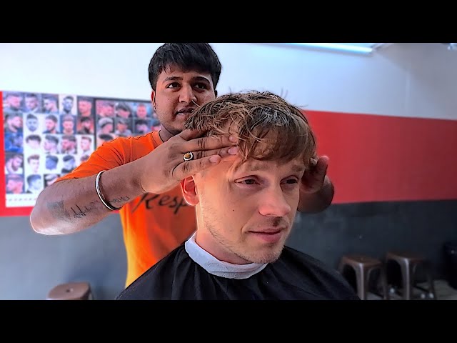 Indian Barber Haircut with Intense Head Massage (My Head Burns!)🔥😵‍💫