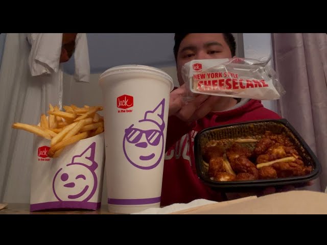 Jack in the Box’s crispy chicken boneless wings combo. the drink being Coke and a cheesecake Mukbang