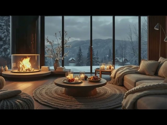 Warm and Cozy Winter Storm Scenery - Peaceful Sounds of Wind and Fireplace Crackling