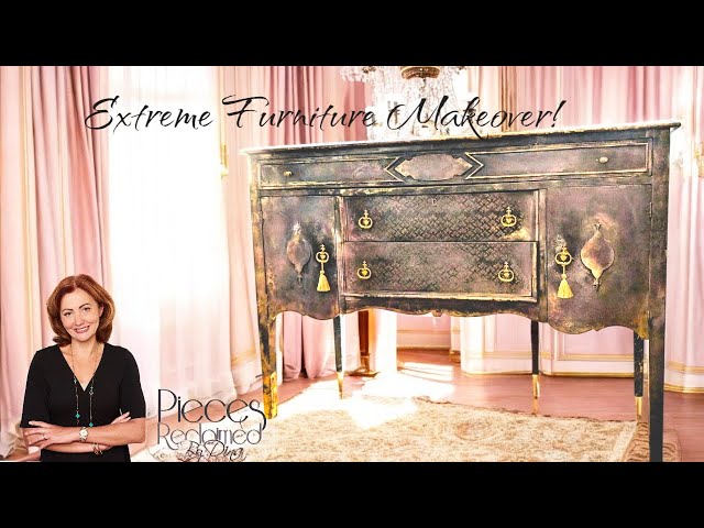 Extreme Furniture Makeover Project with Furniture Stencils, a Gold Leaf - Furniture Upcycling Video!