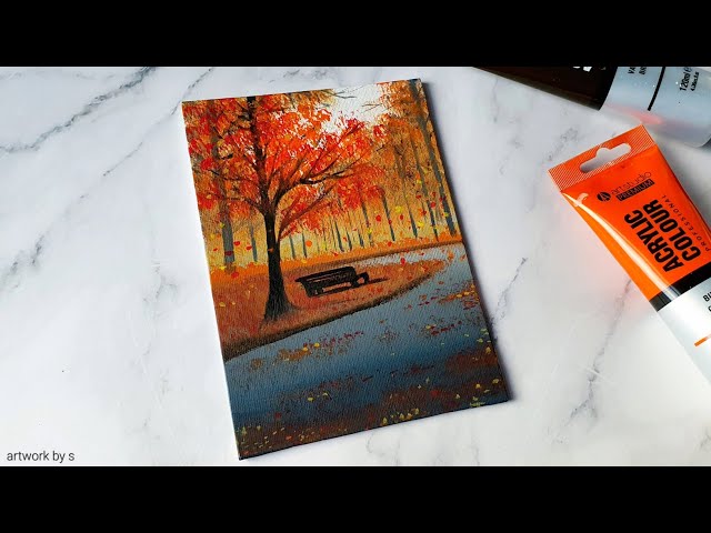 Autumn Scenery Painting | Easy Acrylic Painting Tutorial for Beginners Step by Step | Mini Canvas