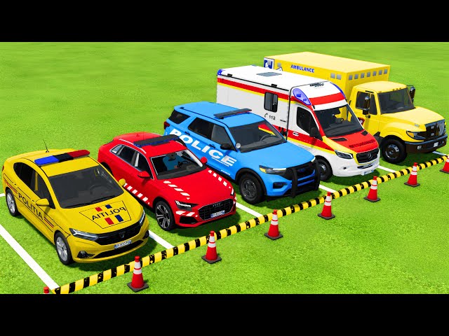 TRANSPORTING ALL POLICE CARS and AMBULANCE EMERGENCY VEHICLES WITH TRUCKS ! Farming Simulator 22